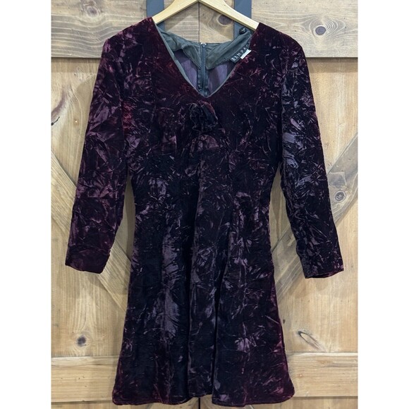 Rampage Vintage Crushed Velvet  Maroon Y2K Witchy Long Sleeve Mini Dress Sz 7 - Picture 2 of 3